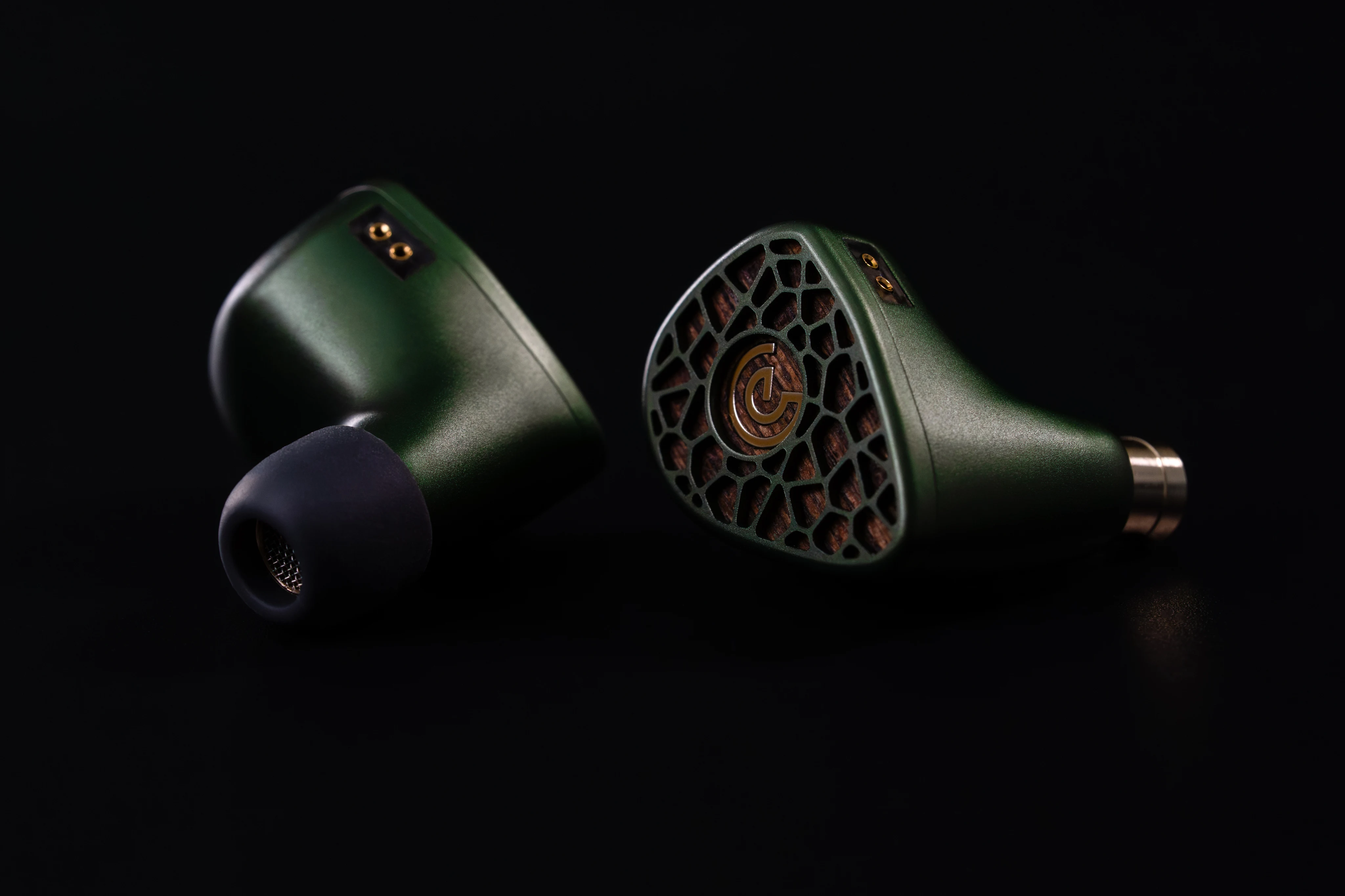 A pair of Leszy in-ear monitors with their bronze nozzles
