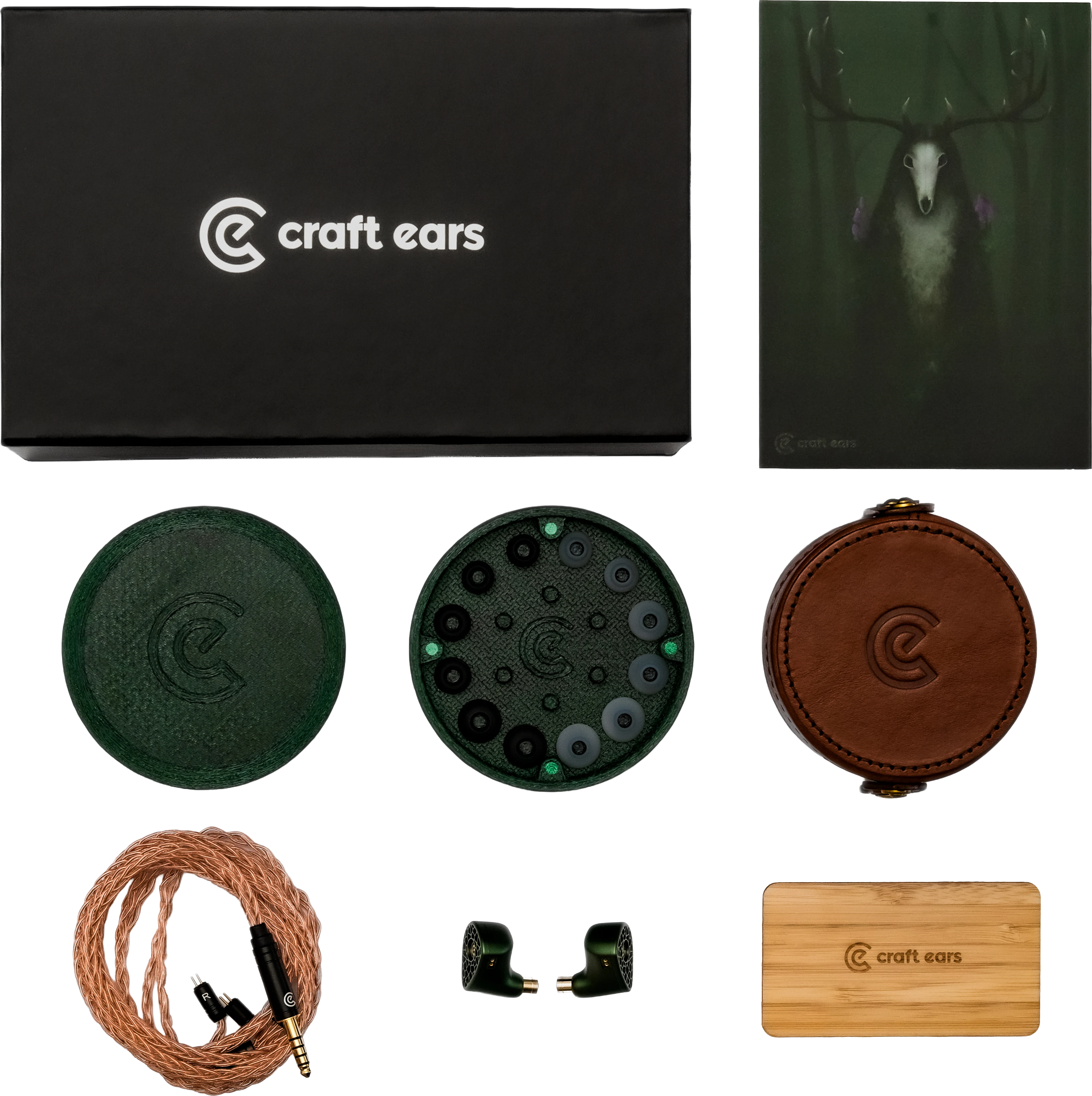 Everything in the Leszy box: the product box, leather case, eartip box, cable and wooden warranty card