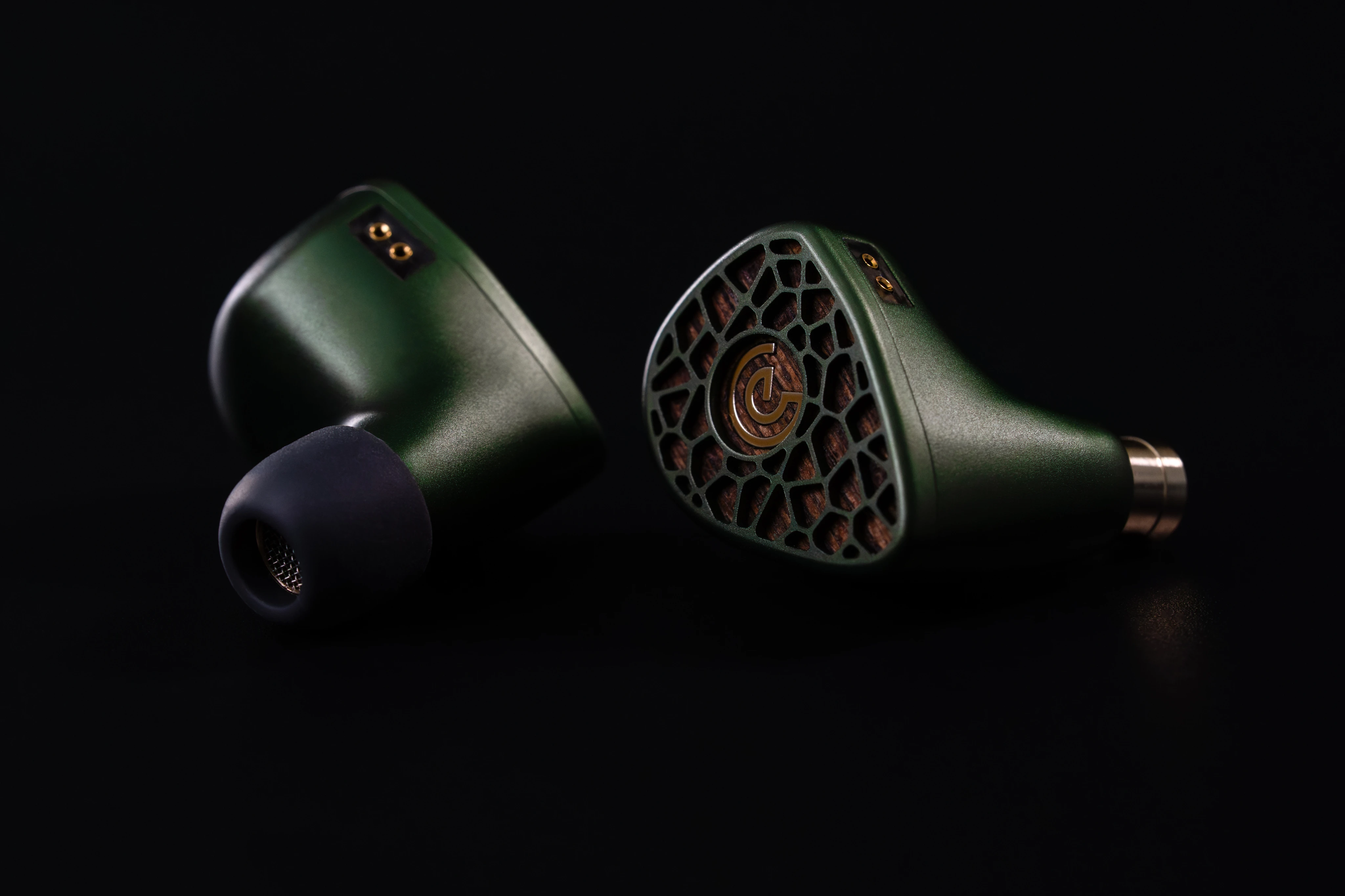 A pair of Leszy in-ear monitors on a dark background